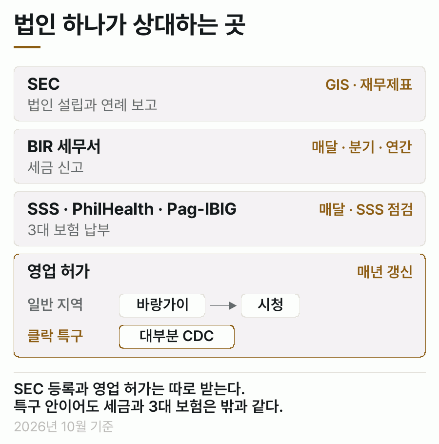 법인 하나가 상대하는 곳. SEC는 설립과 연례 보고, BIR 세무서는 매달·분기·연간 세금 신고, SSS·PhilHealth·Pag-IBIG은 3대 보험 납부를 맡는다. 영업 허가만 자리에 따라 갈려서 일반 지역은 바랑가이를 거쳐 시청, 클락 특구는 대부분 CDC다