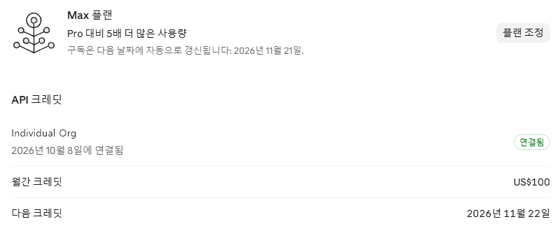 클로드 설정 결제 화면의 API 크레딧. 연결된 조직, 월간 크레딧 100달러, 다음 크레딧 지급일