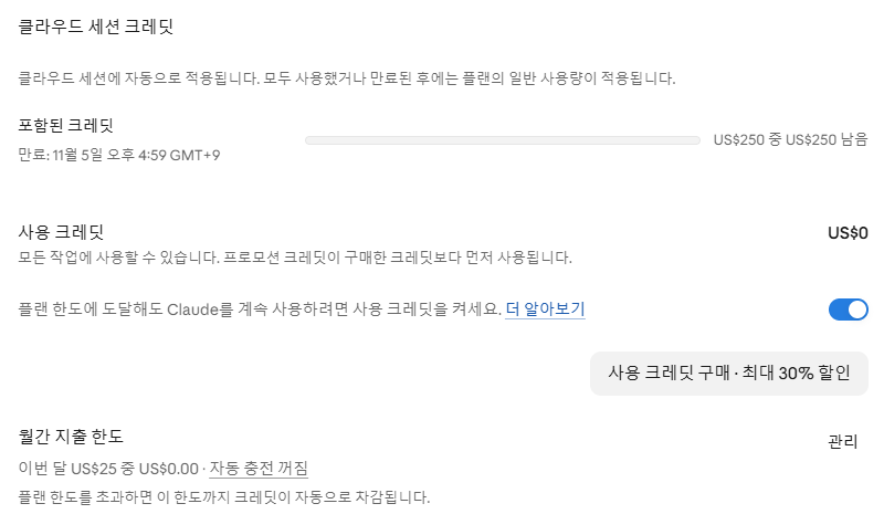 클로드 설정 사용량 화면. 클라우드 세션 크레딧 잔액과 만료 시각, 사용 크레딧, 월간 지출 한도